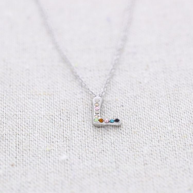 INITIAL L STEEL CRYSTALS SHORT NECKLACE