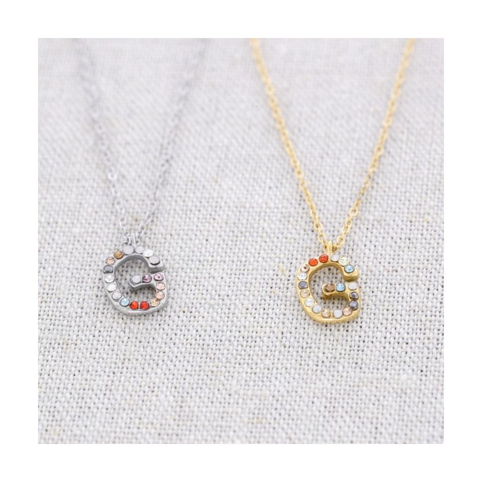 INITIAL G STEEL CRYSTALS SHORT NECKLACE