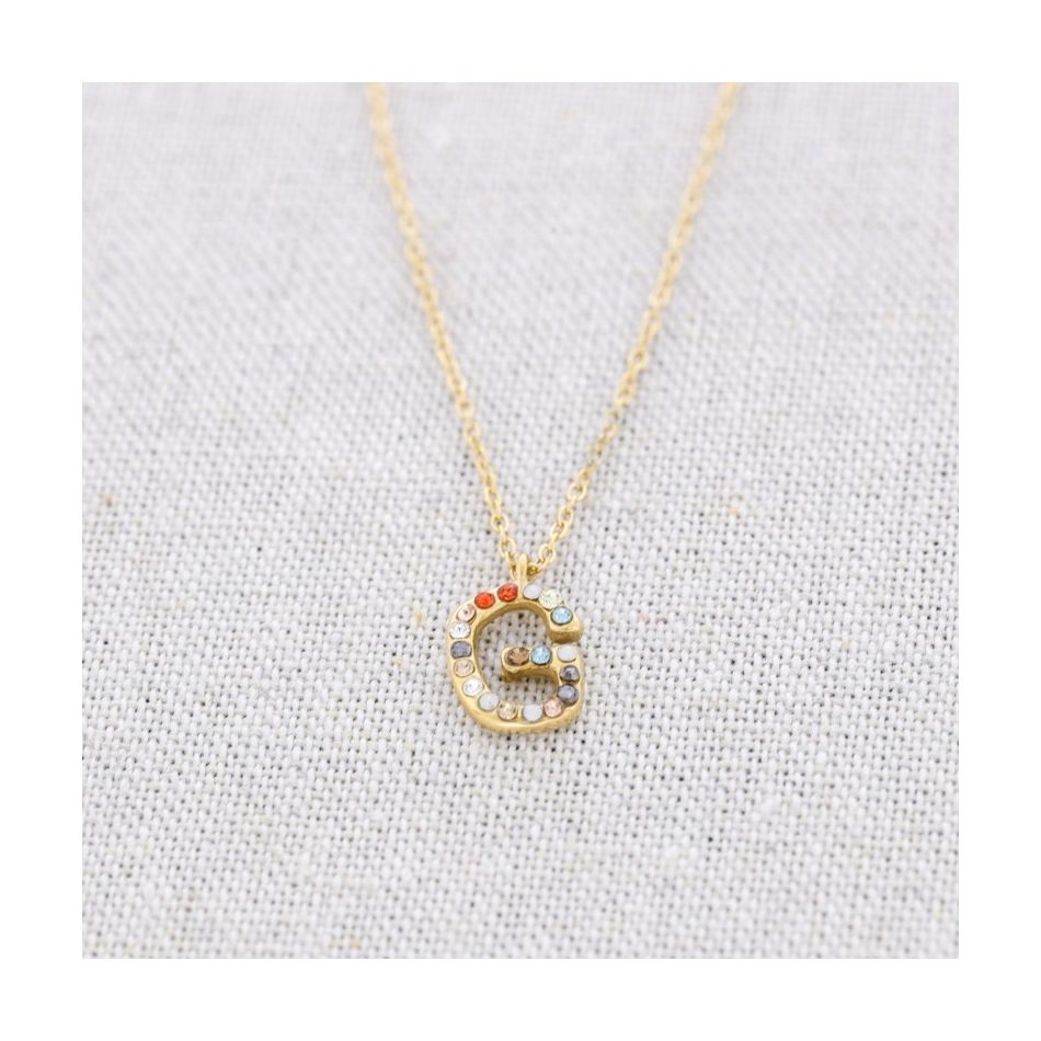 INITIAL G STEEL CRYSTALS SHORT NECKLACE