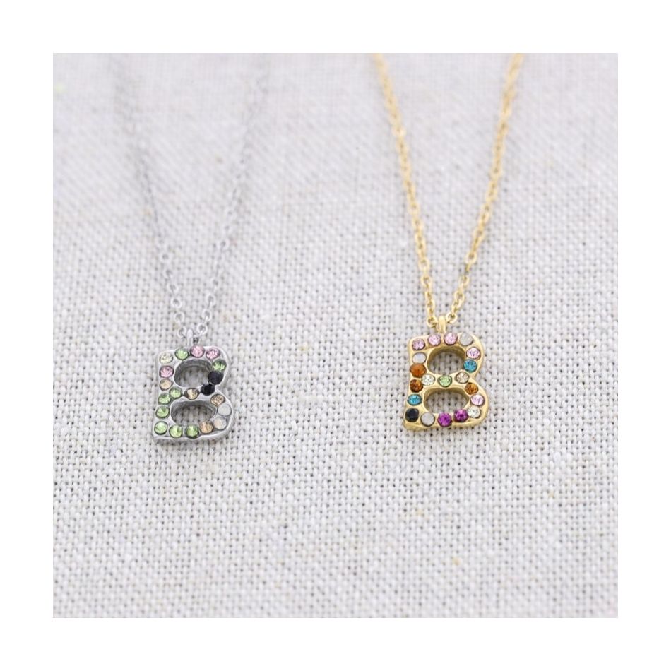 INITIAL B STEEL CRYSTALS SHORT NECKLACE