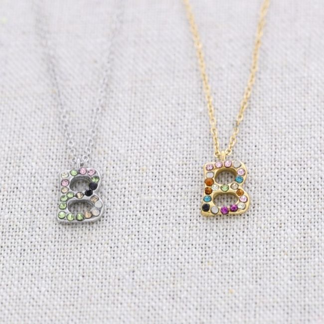 INITIAL B STEEL CRYSTALS SHORT NECKLACE