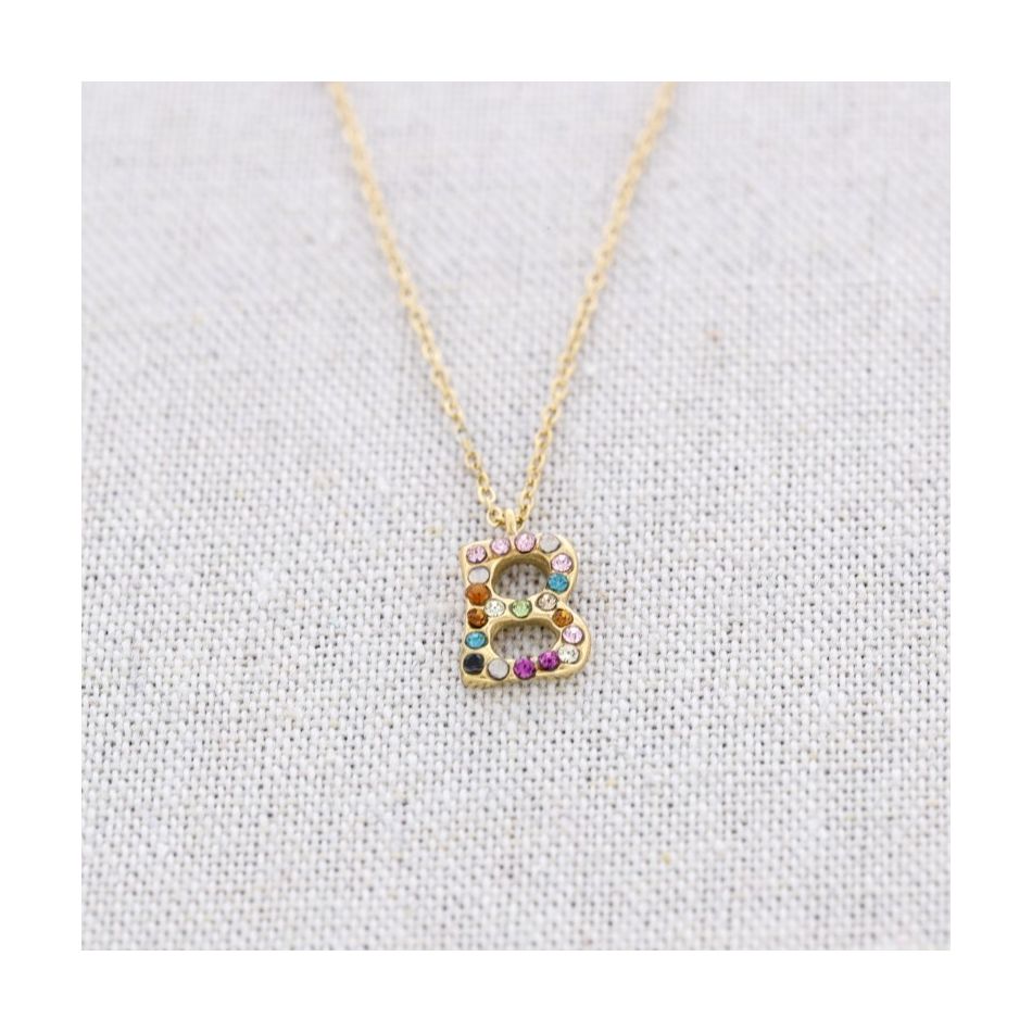 INITIAL B STEEL CRYSTALS SHORT NECKLACE