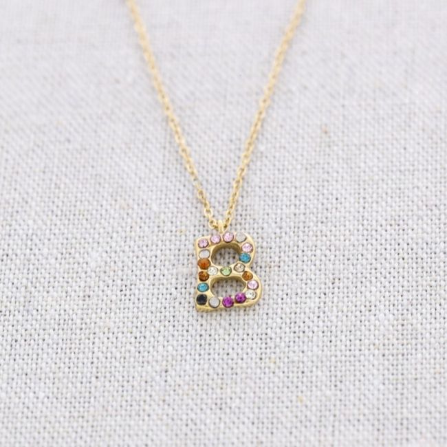 INITIAL B STEEL CRYSTALS SHORT NECKLACE