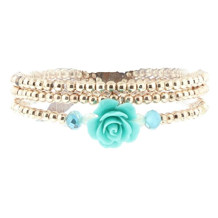 BRACELET 3 STRIPS METAL FLOWER BEADS