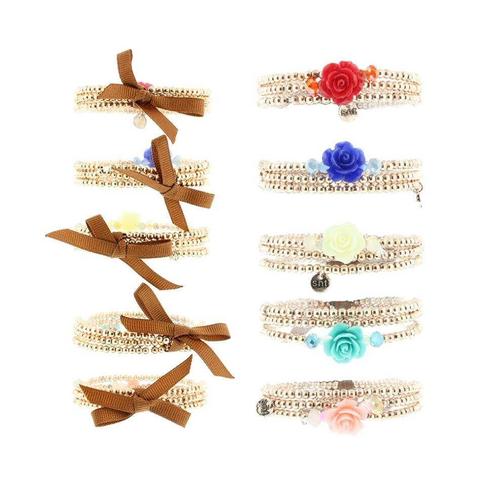 BRACELET 3 STRIPS METAL FLOWER BEADS