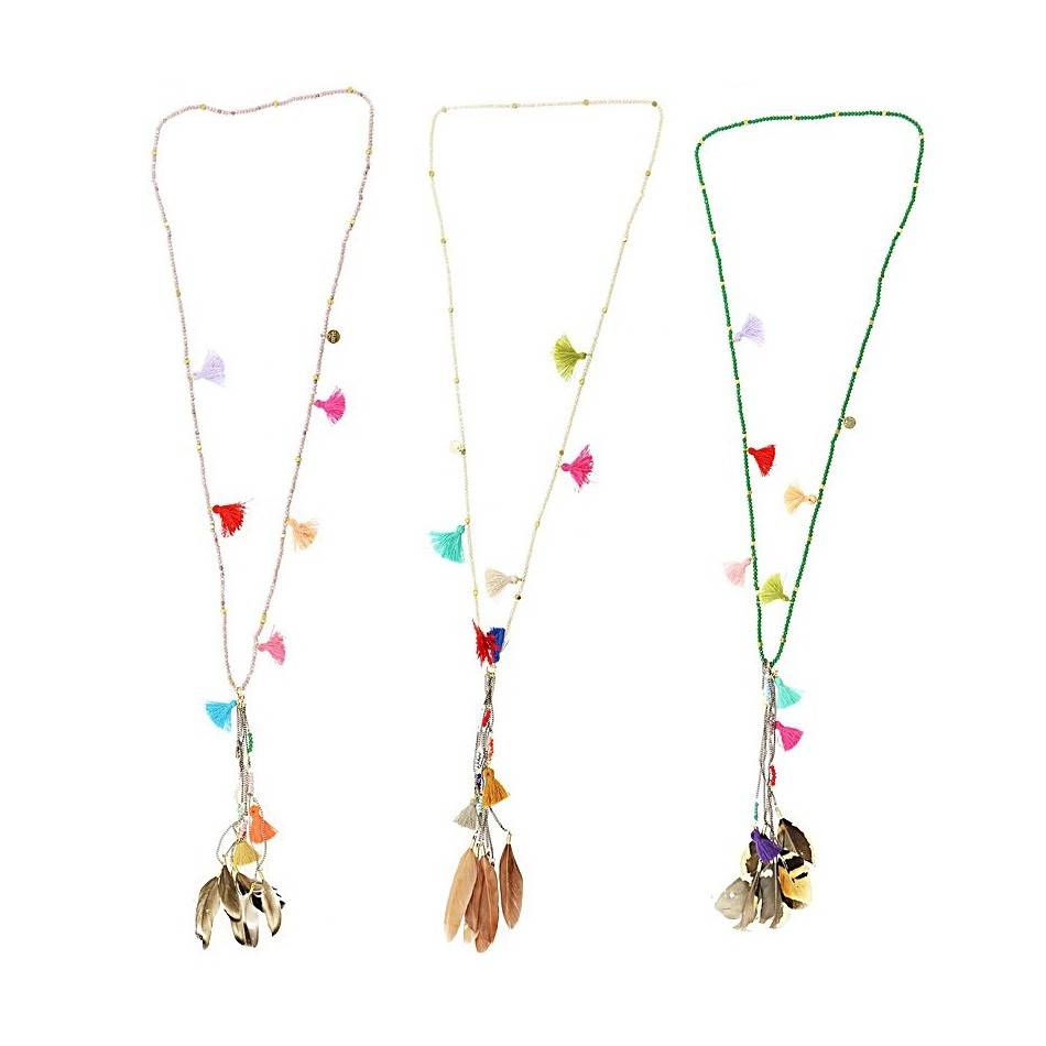 LONG PENDANT NECKLACE FEATHERS FRINGES