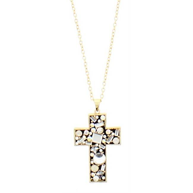 LONG PENDANT NECKLACE DOUBLE CRYSTAL CROSS