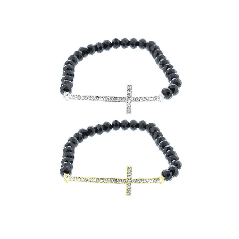 PULSERA CUENTAS FACETADAS CRUZ CRISTALES