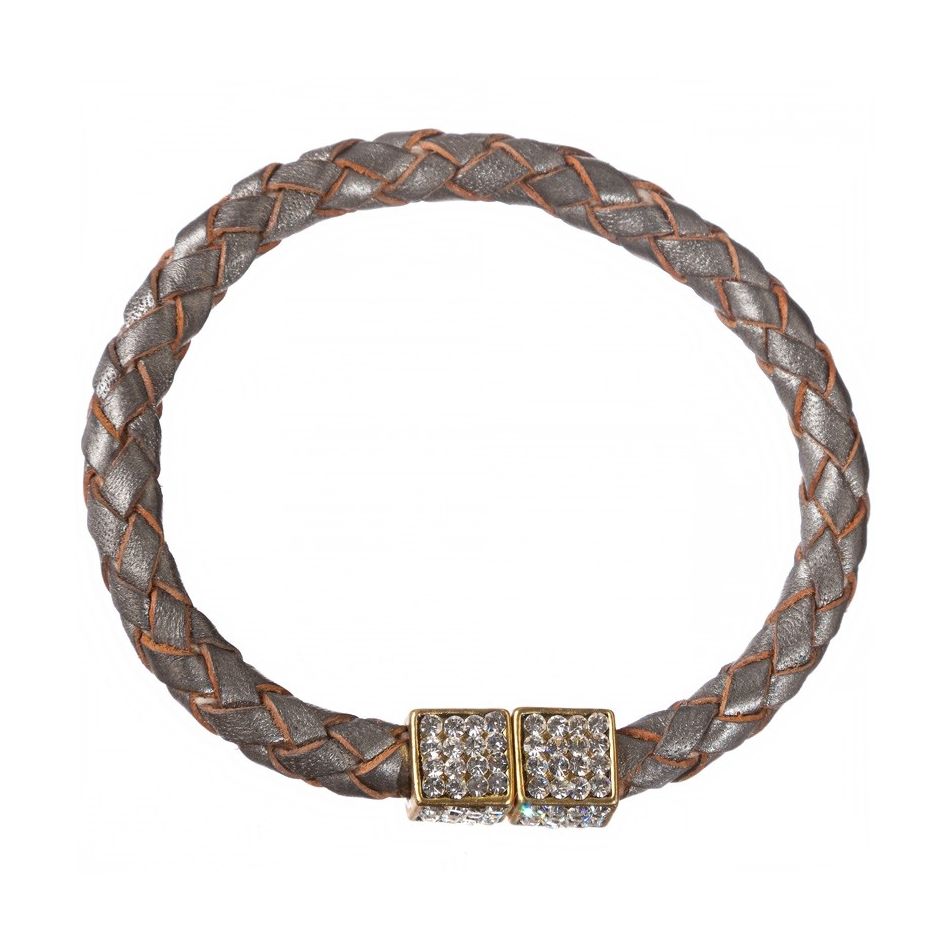 PULSERA CUERO TRENZADO METAL CRISTALES