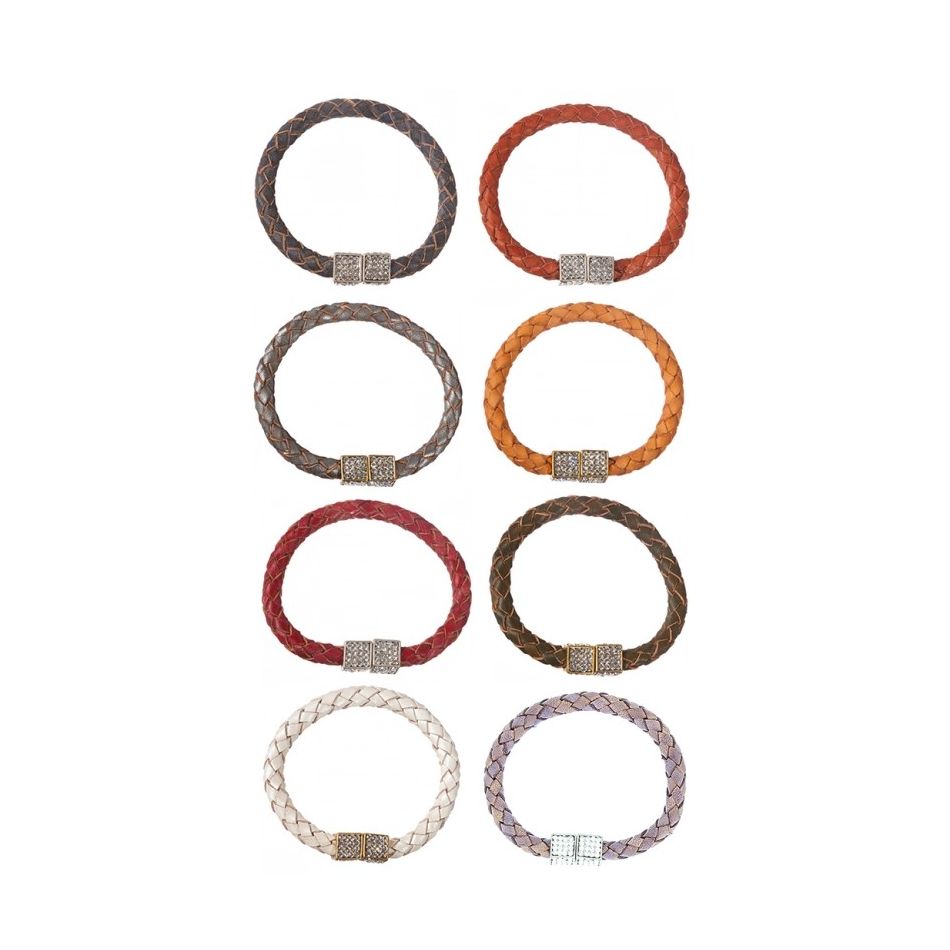PULSERA CUERO TRENZADO METAL CRISTALES