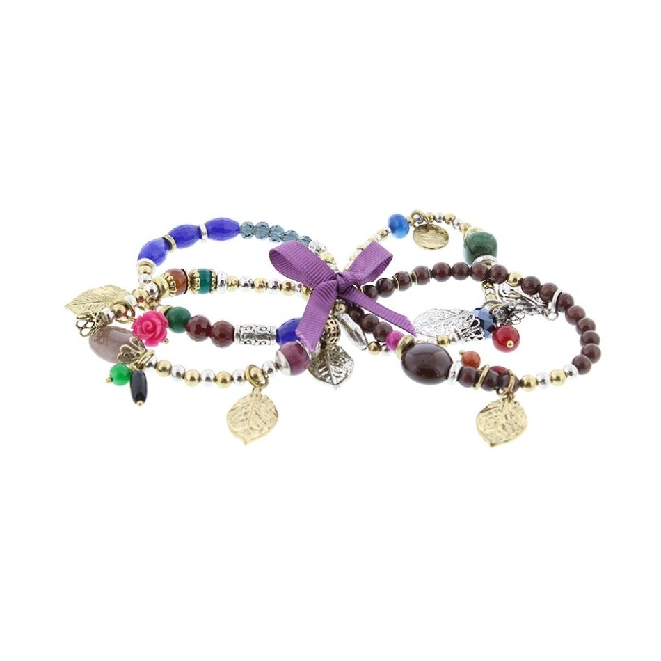 BRACELET 4 STRIPS METAL STONE BEADS
