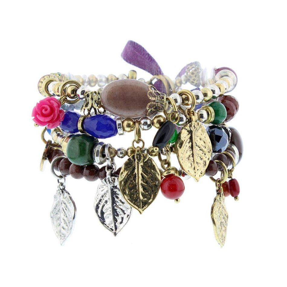 BRACELET 4 STRIPS METAL STONE BEADS