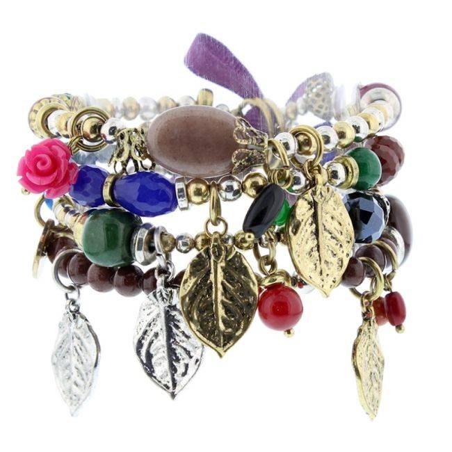 BRACELET 4 STRIPS METAL STONE BEADS