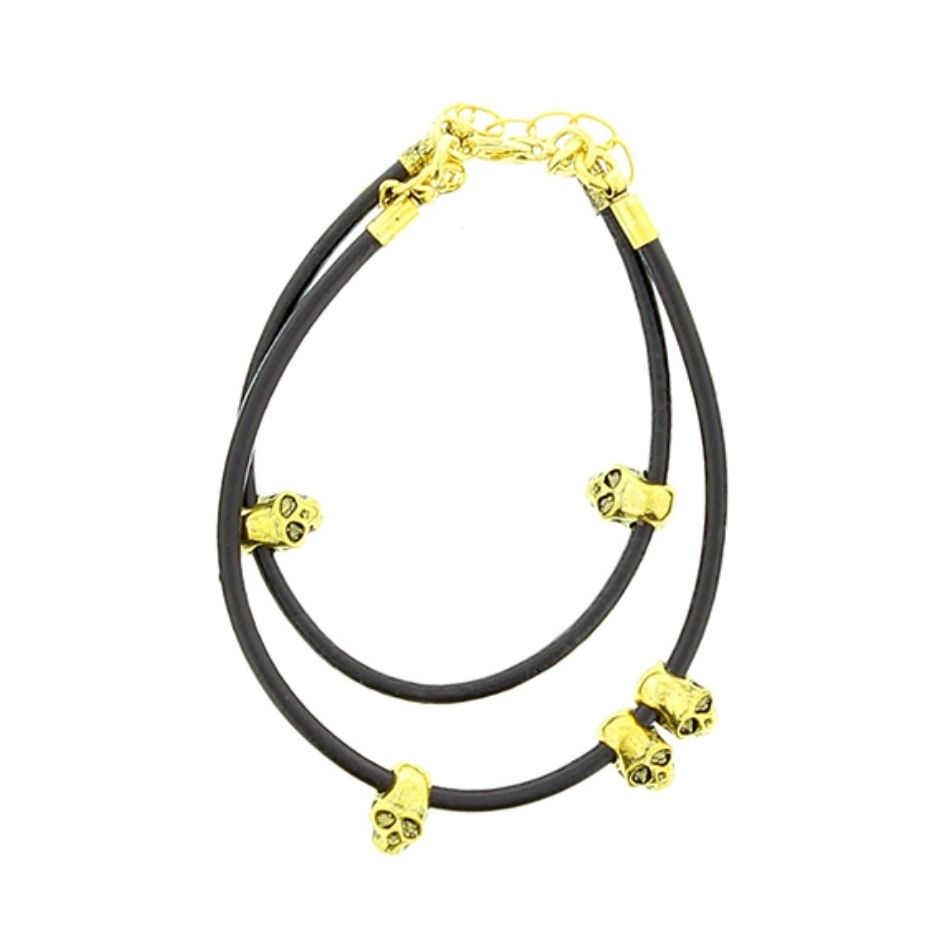 PULSERA CUERO CALAVERAS METAL