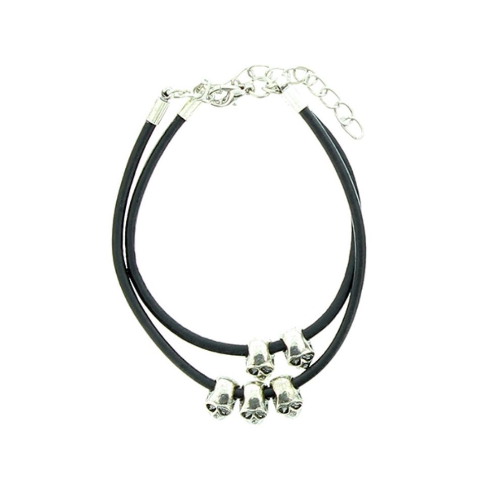 PULSERA CUERO CALAVERAS METAL