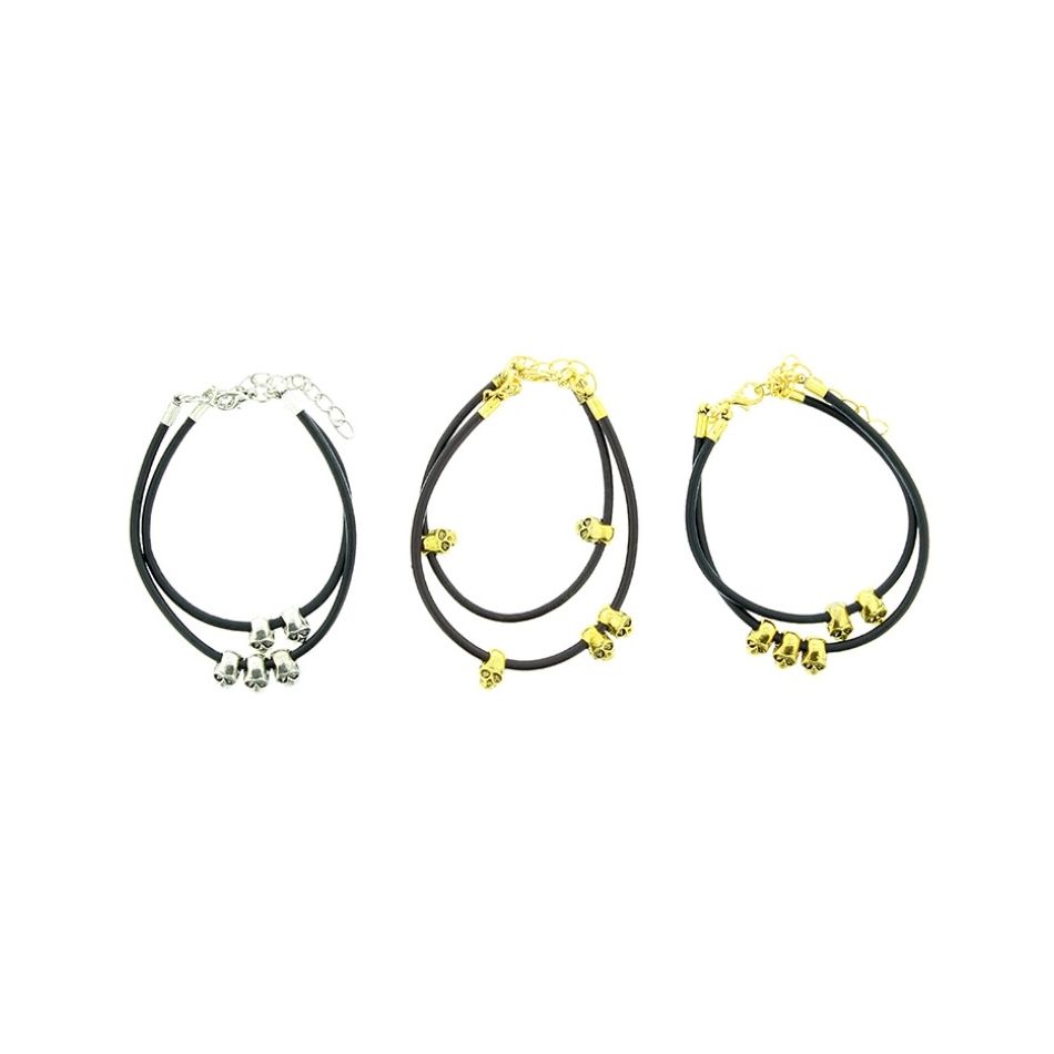 PULSERA CUERO CALAVERAS METAL