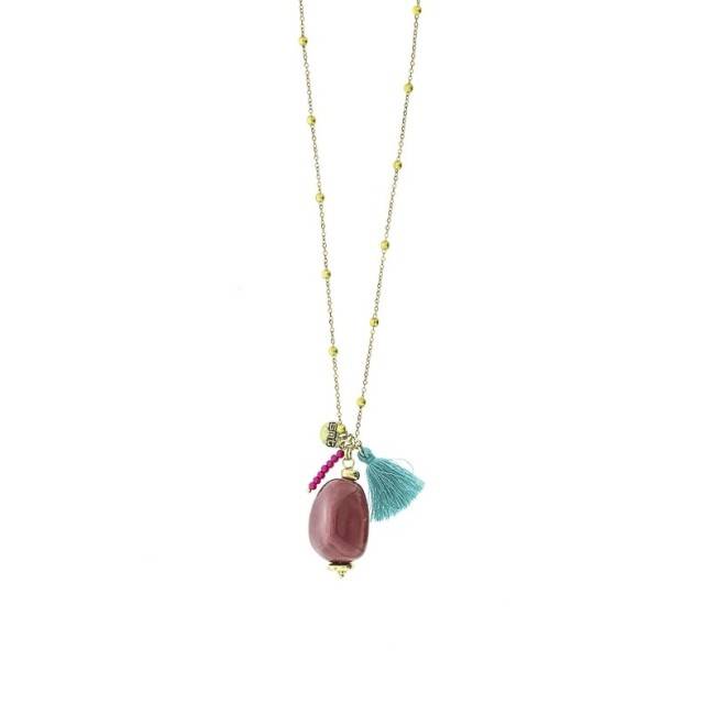 LONG NECKLACE WITH BALL CHAIN HANGING. STONE