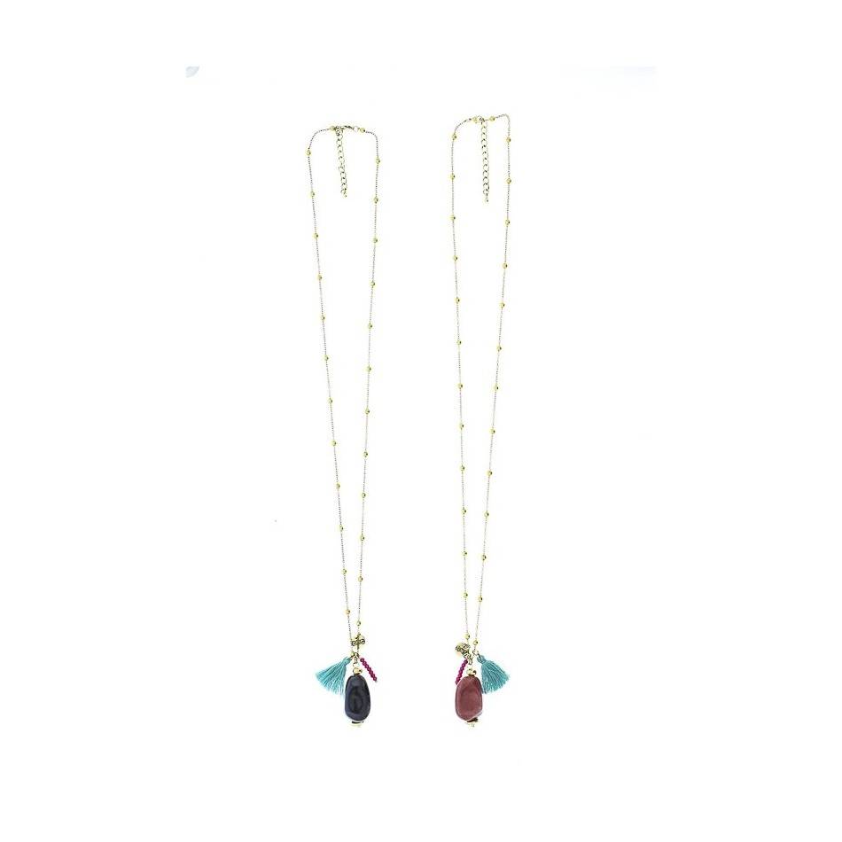 LONG NECKLACE WITH BALL CHAIN HANGING. STONE