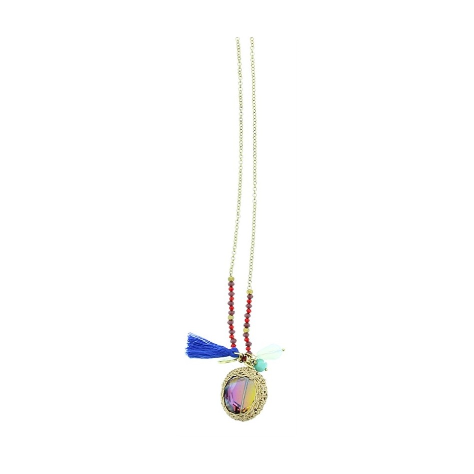 LONG STONE NECKLACE WITH CRYSTAL PENDANT