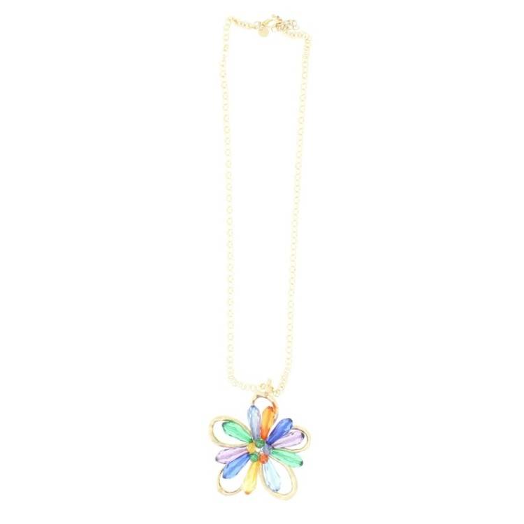 LONG PENDANT NECKLACE METAL RESIN FLOWER