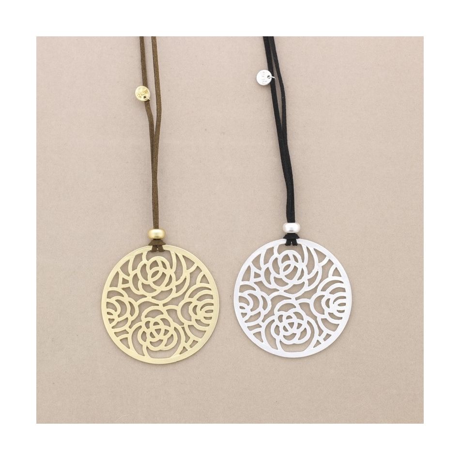 LONG NECKLACE PENDANT METAL FRETWORK MEDALLION