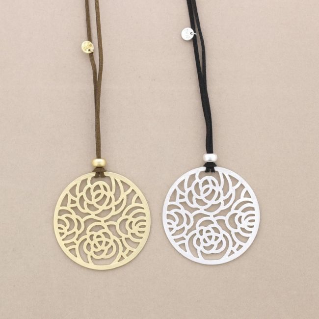 LONG NECKLACE PENDANT METAL FRETWORK MEDALLION