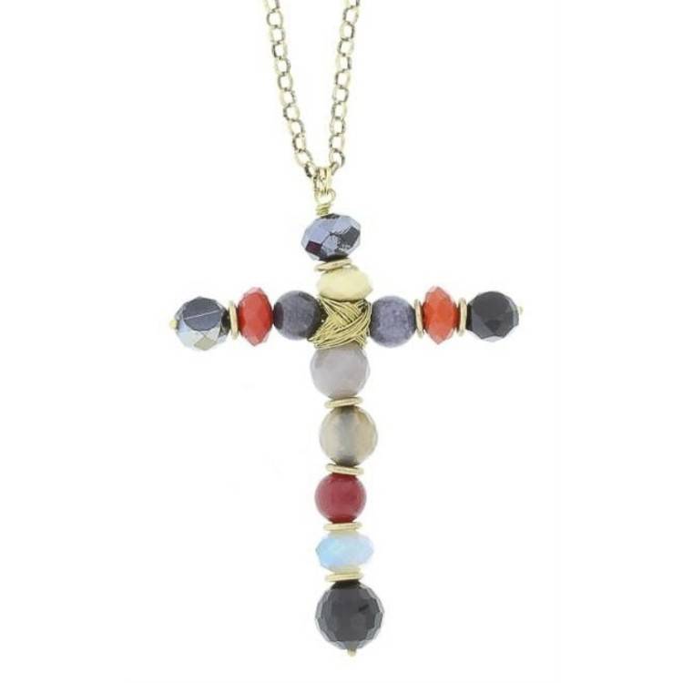 LONG PENDANT NECKLACE CROSS STONES