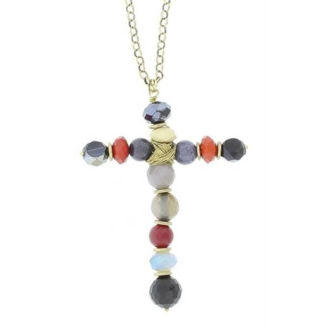 LONG PENDANT NECKLACE CROSS STONES