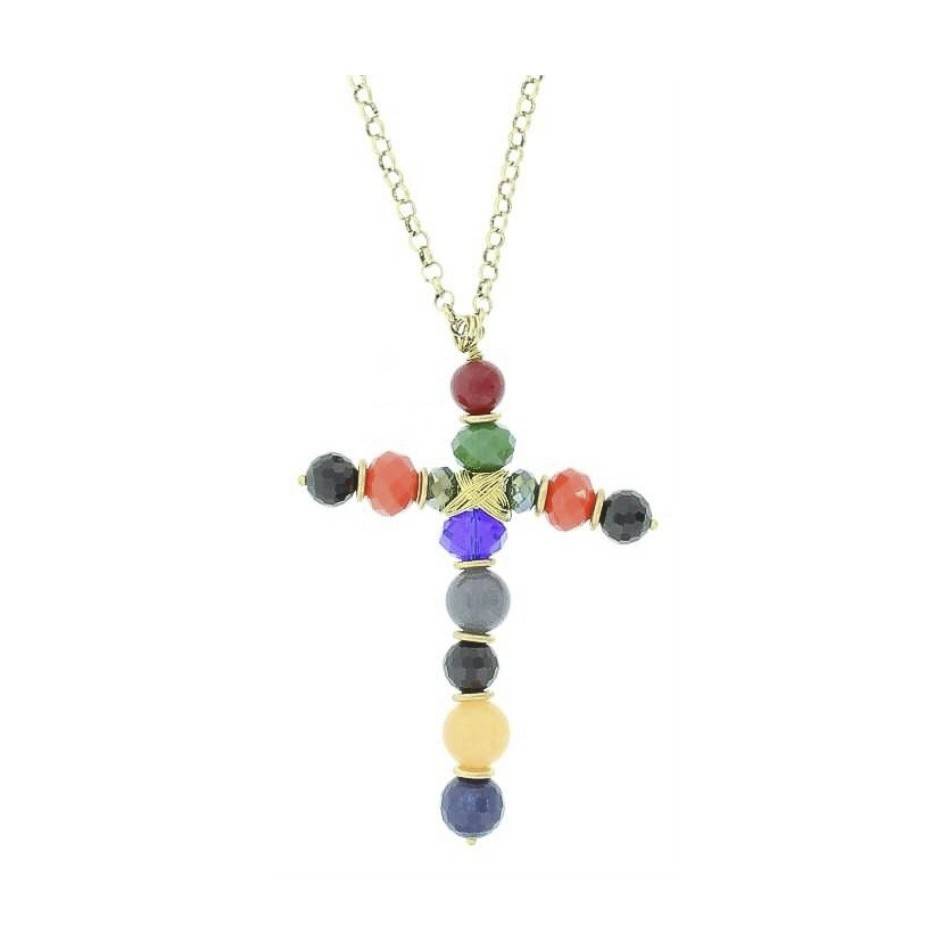 LONG PENDANT NECKLACE CROSS STONES