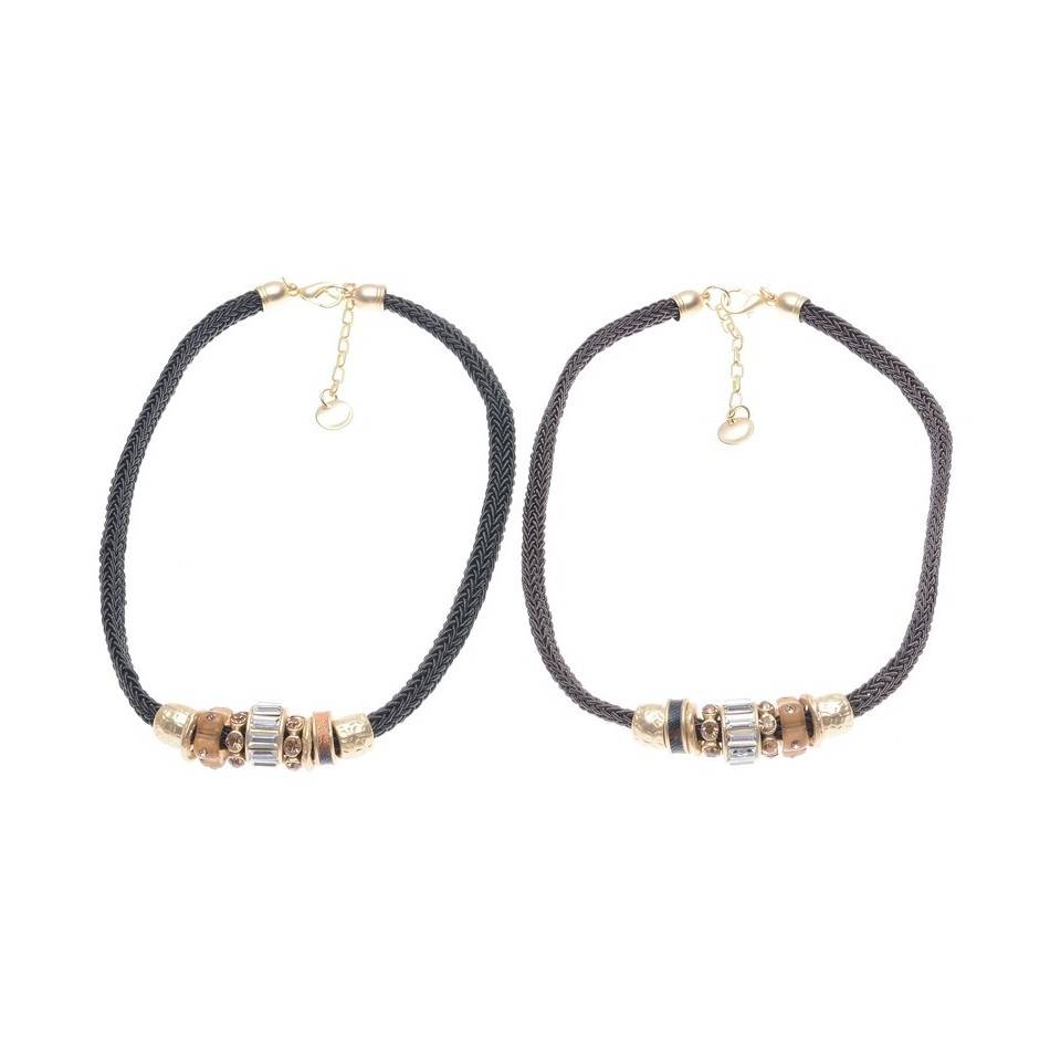 METAL CRYSTAL BEADS CORD SHORT NECKLACE