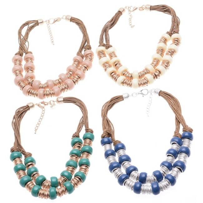 RESIN METAL BEADS LEATHER SHORT NECKLACE