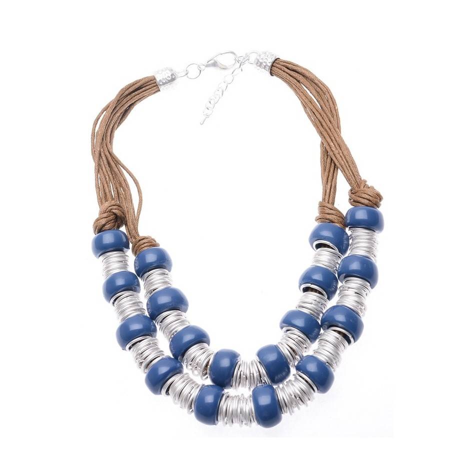 RESIN METAL BEADS LEATHER SHORT NECKLACE