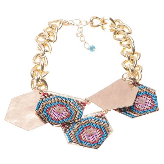 ETHNIC PRINTED METAL BEADS SHORT NECKLACE
