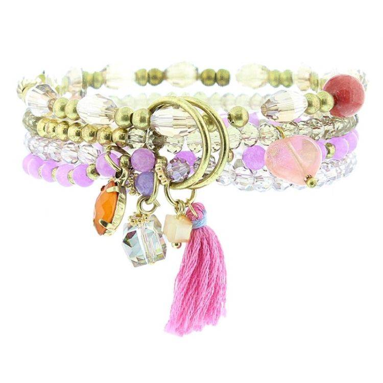 BRACELET 4 STRIPS METAL STONE BEADS