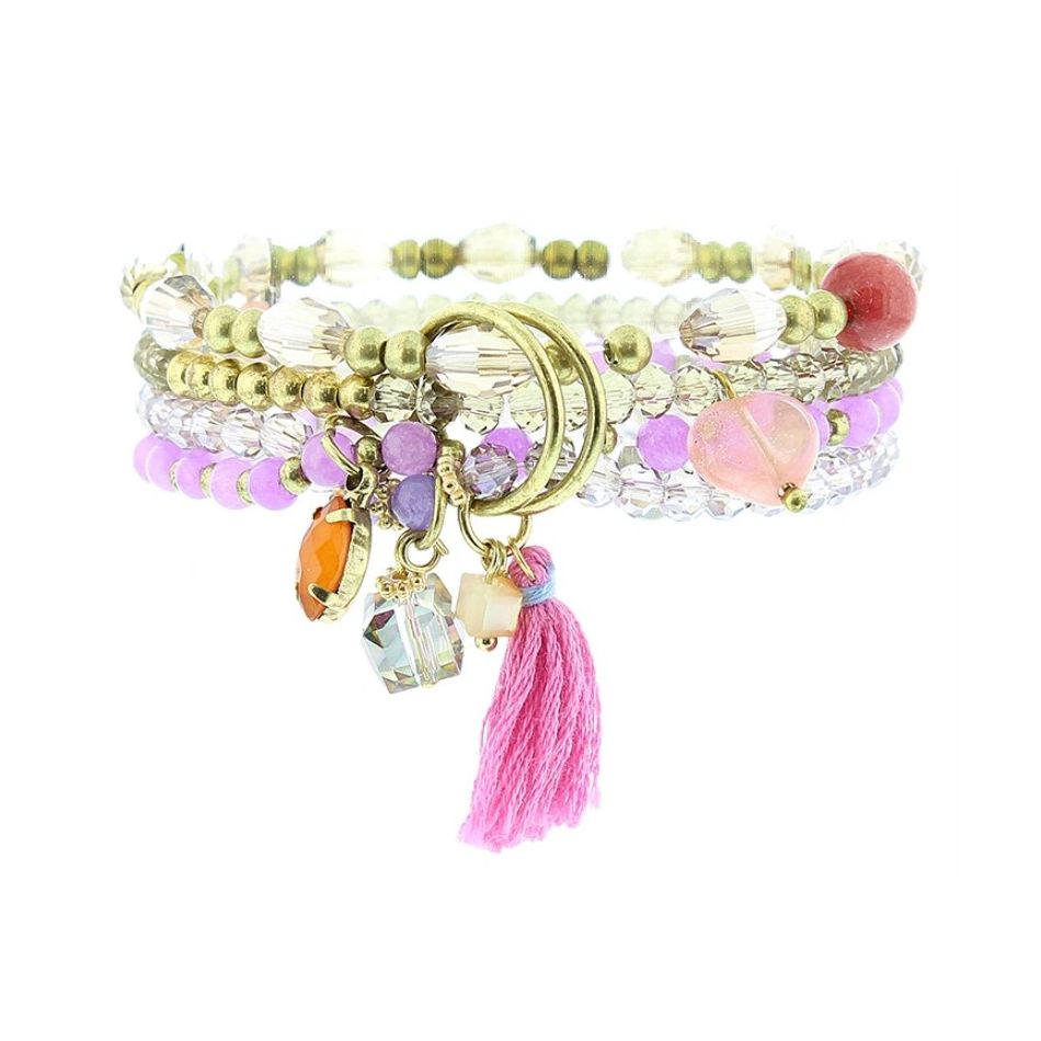 BRACELET 4 STRIPS METAL STONE BEADS