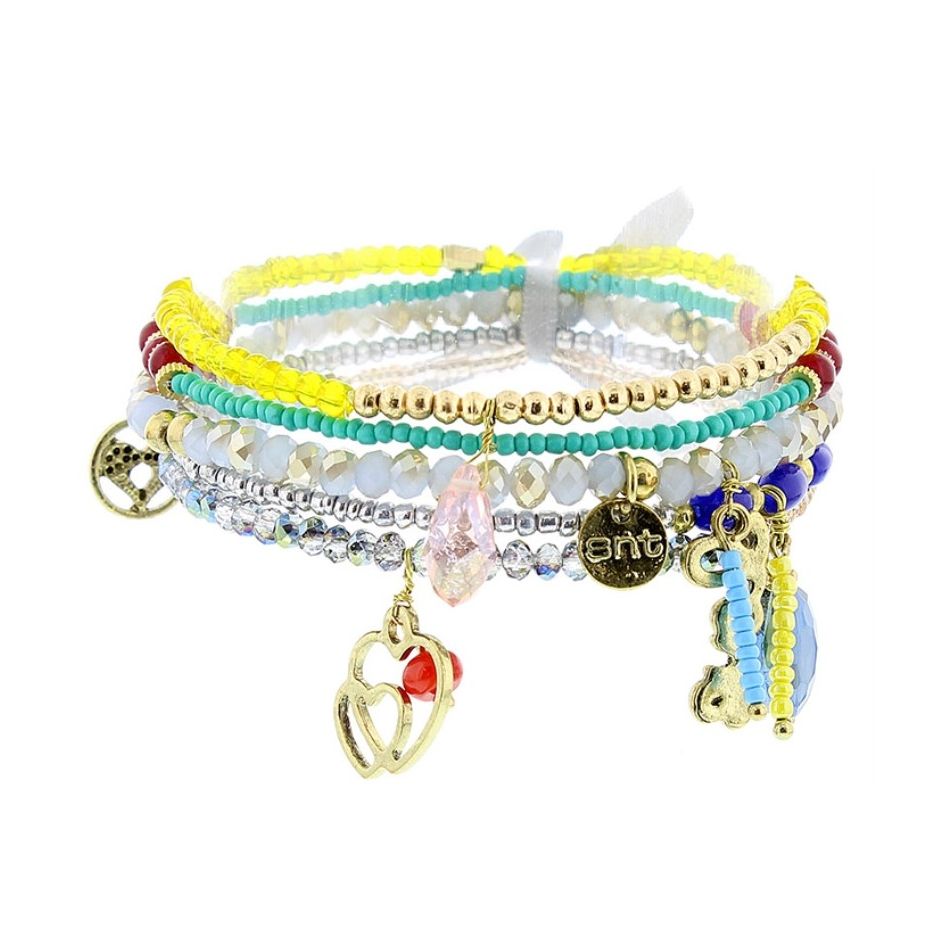 PULSERA 4 TIRAS CUENTAS METAL PIEDRAS