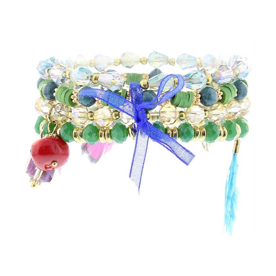 BRACELET 4 STRIPS METAL STONE BEADS