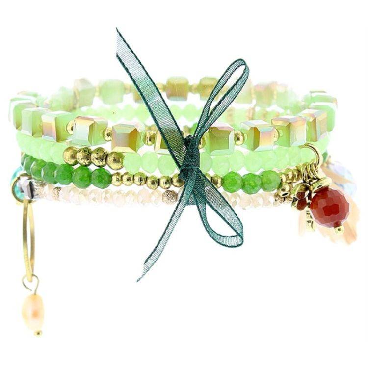 BRACELET 4 STRIPS METAL STONE BEADS