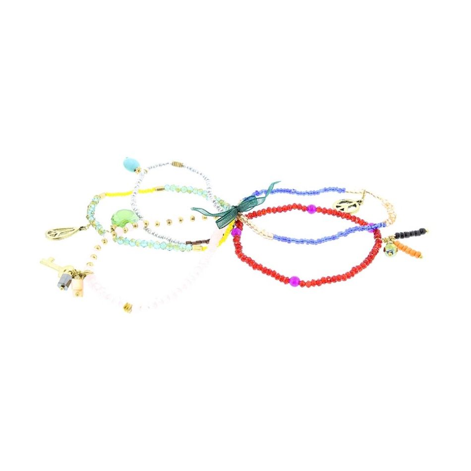 BRACELET 4 STRIPS METAL STONE BEADS