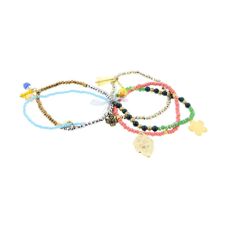 BRACELET 4 STRIPS METAL STONE BEADS