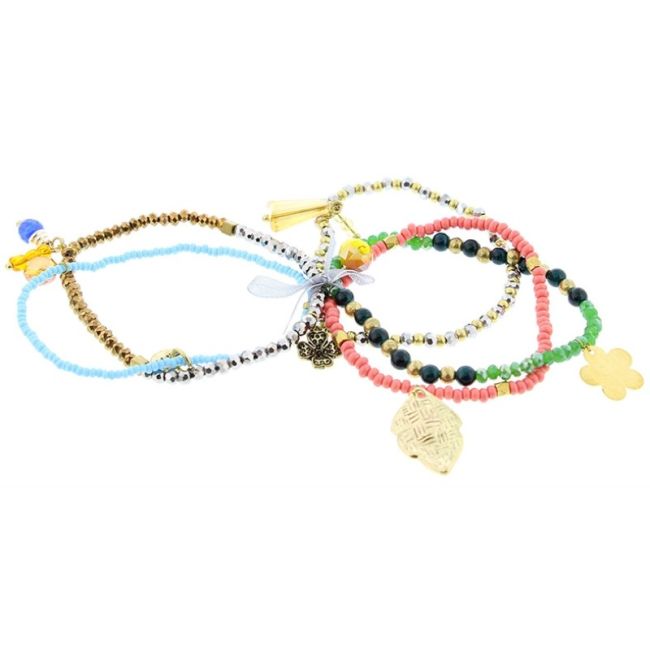 BRACELET 4 STRIPS METAL STONE BEADS