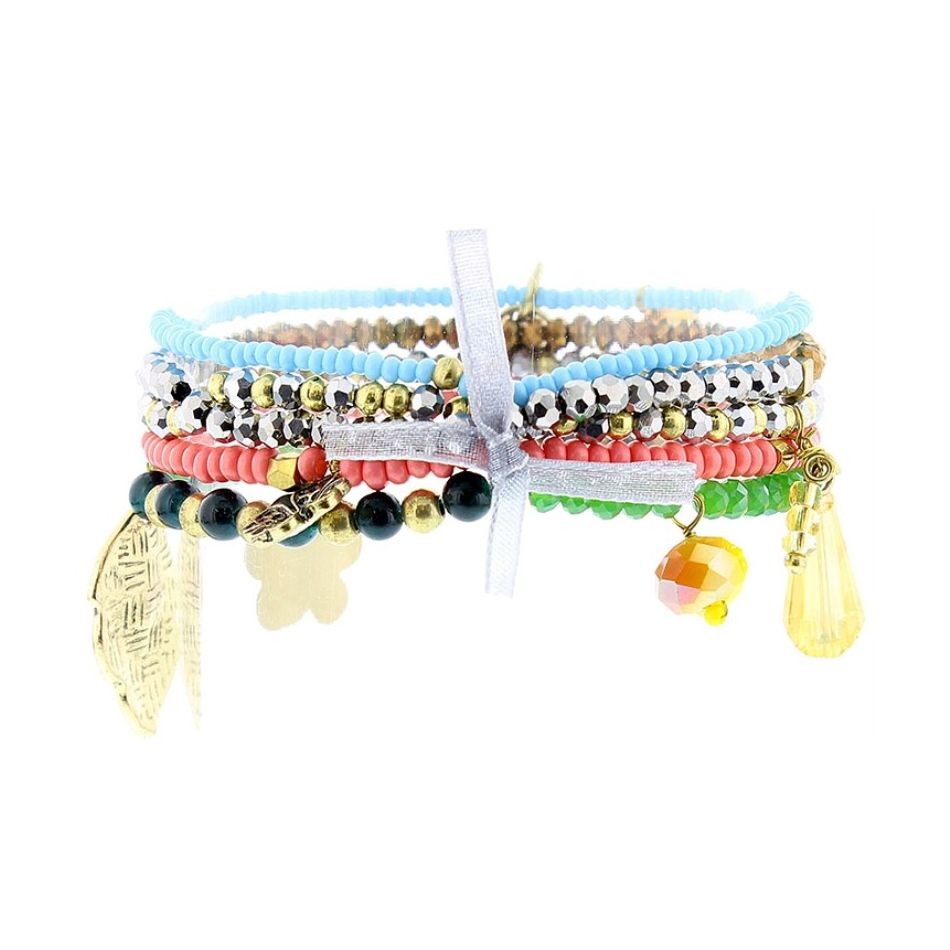 BRACELET 4 STRIPS METAL STONE BEADS