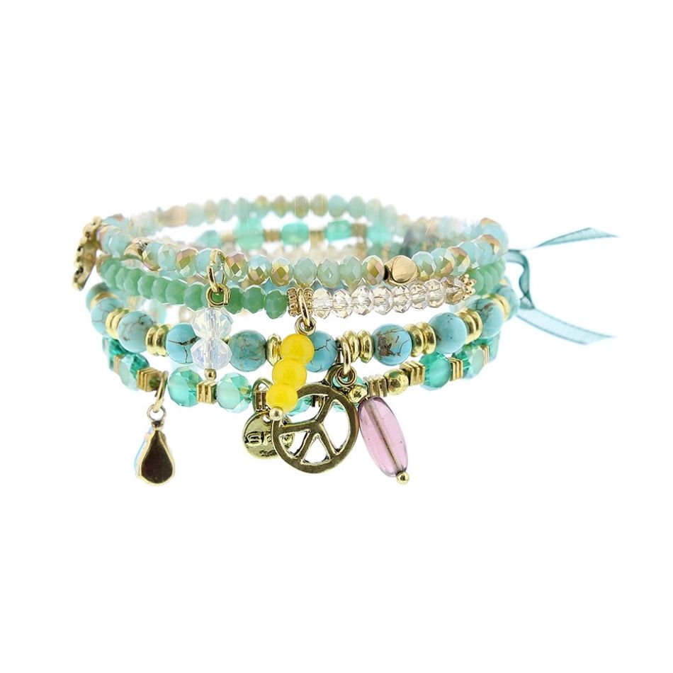 BRACELET 4 STRIPS METAL STONE BEADS