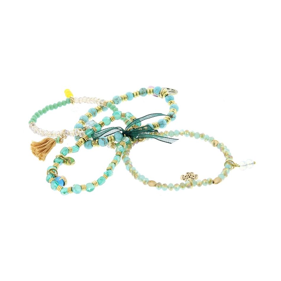 BRACELET 4 STRIPS METAL STONE BEADS
