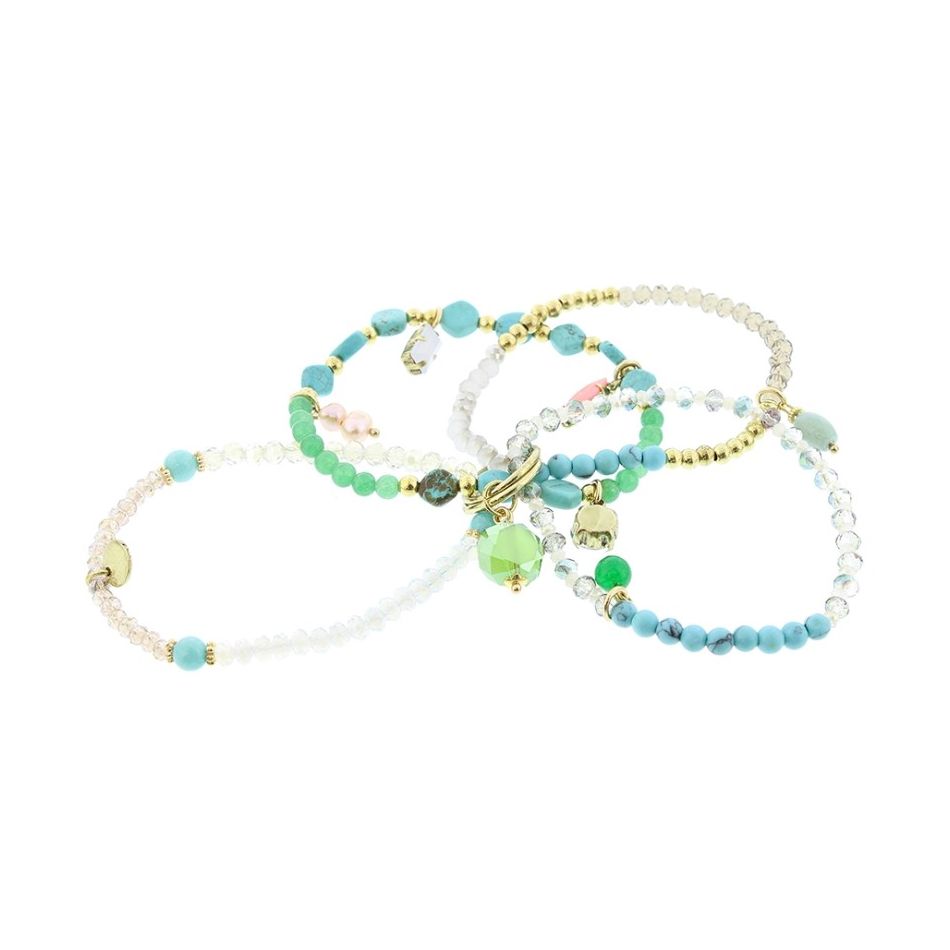 BRACELET 4 STRIPS METAL STONE BEADS