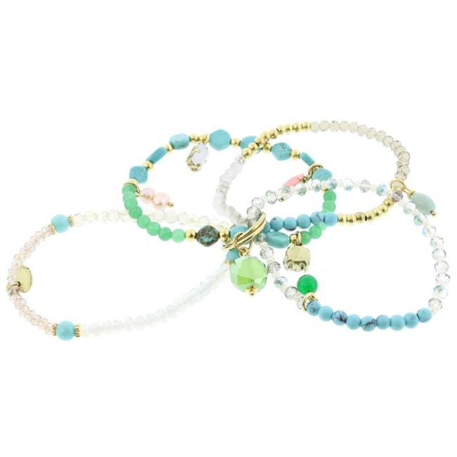 BRACELET 4 STRIPS METAL STONE BEADS