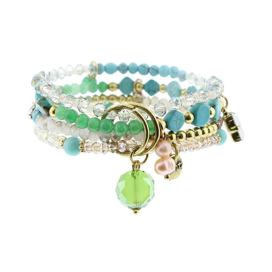 BRACELET 4 STRIPS METAL STONE BEADS