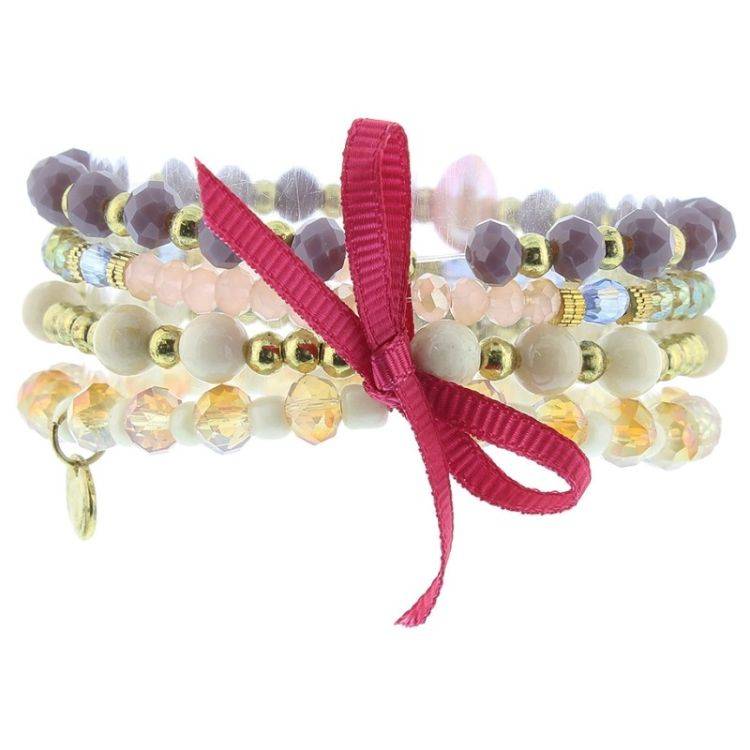BRACELET 4 STRIPS METAL STONE BEADS
