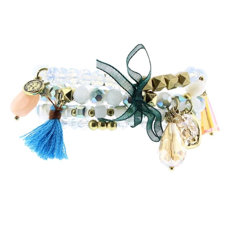 BRACELET 4 STRIPS METAL STONE BEADS