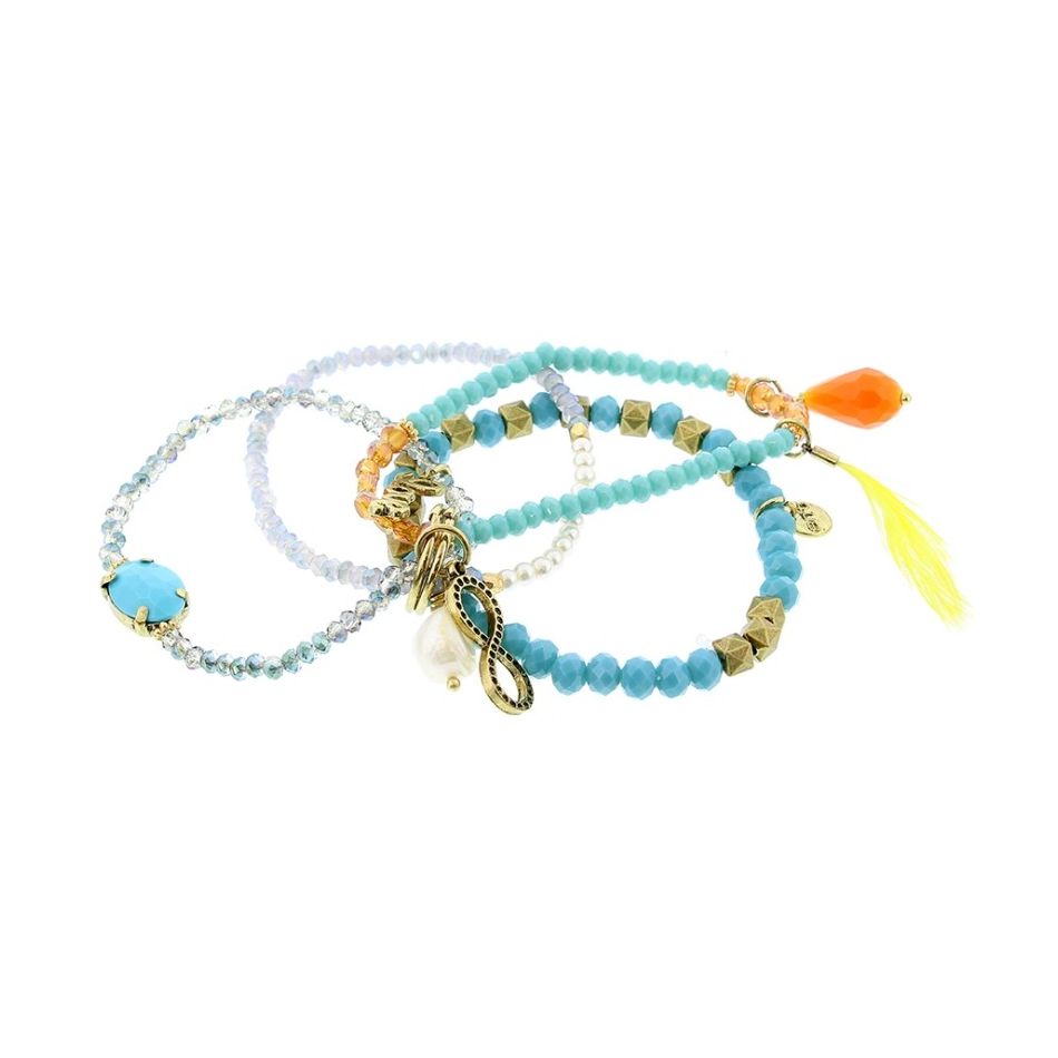 BRACELET 4 STRIPS METAL STONE BEADS